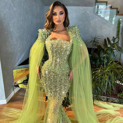 Luxury Beaded Mermaid Lime Green Evening Dress with Cape Sleeves