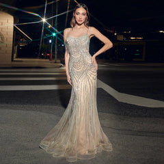 Luxury Crystal Spaghetti Straps Tassel Evening Dress