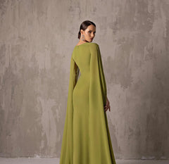 Luxury Sage Green Chiffon Evening Dress with Cape Sleeves