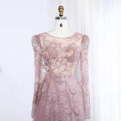 Luxury Beaded Sequined Pink Evening Dress with Sweep Train