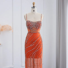 Luxury Crystal Orange Spaghetti Straps Mermaid Evening Dress