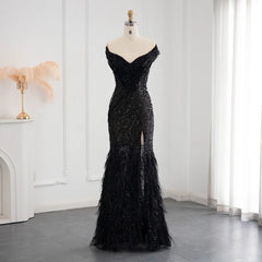 Luxury Black Feathers Sexy Off Shoulder High Slit Evening Dress