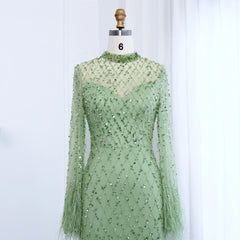 Luxury Beaded Feathers Sage Green Evening Dress