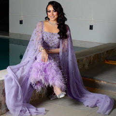 Luxury Feathers Lilac Evening Dress with Cape Sleeves