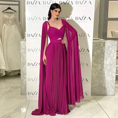 Luxury Fuchsia Chiffon Evening Dress with Cape Sleeves