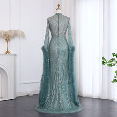 Luxury Beaded Sequined Mermaid Evening Dress with Cape Sleeves