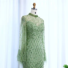 Luxury Beaded Feathers Sage Green Evening Dress