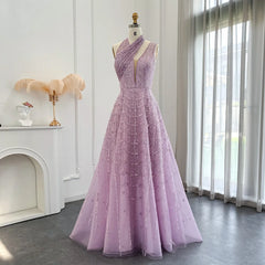 Luxury Sleeveless Beaded Lilac Evening Dress