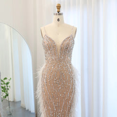 Luxury Feather White Nude Mermaid Evening Dress with Necklace