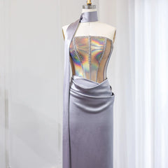 Luxury Elegant Strapless Gray Satin Evening Dress with Scarf