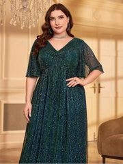 Plus Size V-Neck Green Polka Dot Evening Dress