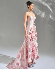 Luxury Women Pink 3D Flowers Satin Mermaid Evening Dress