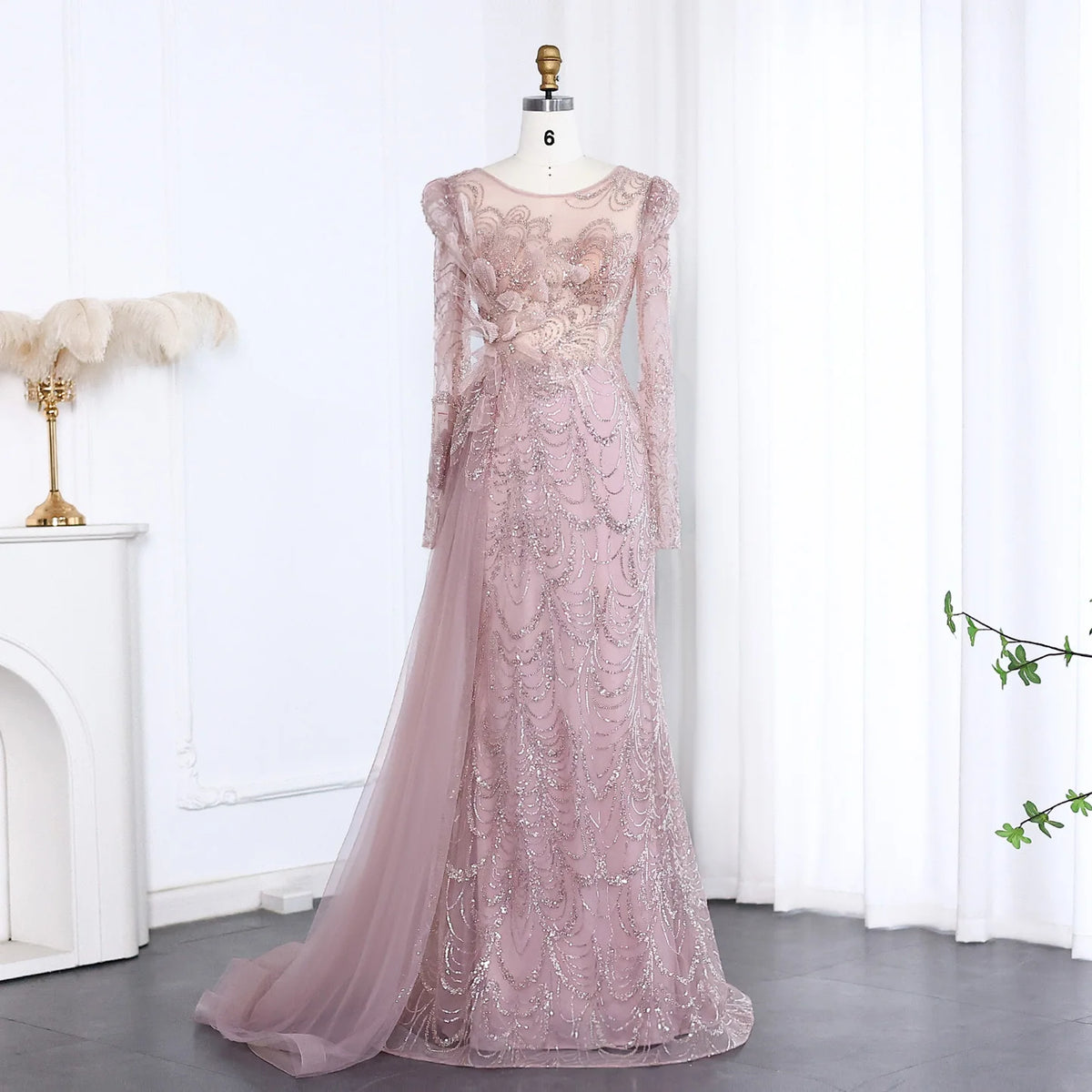 Luxury Beaded Sequined Pink Evening Dress with Sweep Train