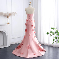 Luxury Women Pink 3D Flowers Satin Mermaid Evening Dress