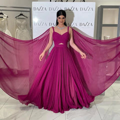 Luxury Fuchsia Chiffon Evening Dress with Cape Sleeves