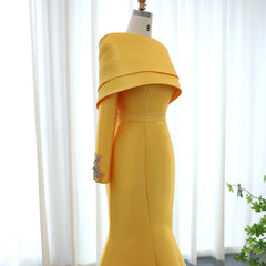 Luxury Yellow One Shoulder Evening Dress with Cape