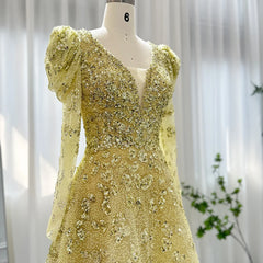 Luxury V-neck Long Sleeve Yellow A-line Evening Dress