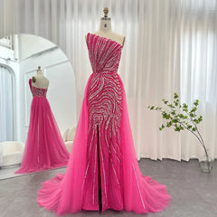 Luxury Fuchsia Scalloped High Slit Evening Dress with Overskirt