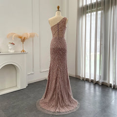 Luxury Pink One Shoulder High Slit Feathers Evening Dress