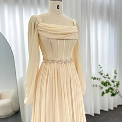 Long Sleeves Tea Length Beige Midi Evening Dress with Belt