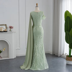 Luxury Sage Green Mermaid Evening Dress with Cape Sleeve