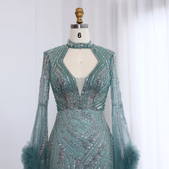 Luxury Beaded Sequined Mermaid Evening Dress with Cape Sleeves