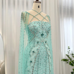 Luxury Aqua Lilac Mermaid Evening Dress with Cape Sleeves