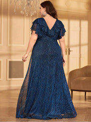 Plus Size V-Neck Blue Polka Dot  Sparkling Evening Dress