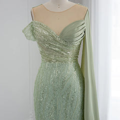 Luxury Sage Green Mermaid Evening Dress with Cape Sleeve