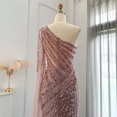 Luxury Pink One Shoulder Mermaid Evening Dress with Cape Sleeves