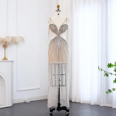 Luxury Crystal Tassel Sequined Silver Nude Evening Dress