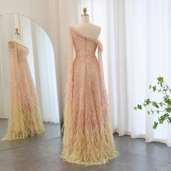 Luxury Feather One Shoulder Evening Dress with Cape Sleeves