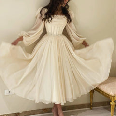 Long Sleeves Tea Length Beige Midi Evening Dress with Belt