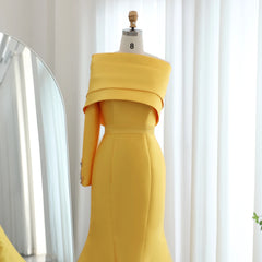 Luxury Yellow One Shoulder Evening Dress with Cape