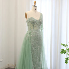 Luxury One Shoulder Sage Green Evening Dress with Cape Sleeves