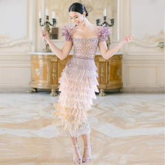 Luxury Feathers Tassel Lilac Evening Dress