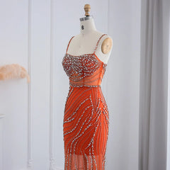 Luxury Crystal Orange Spaghetti Straps Mermaid Evening Dress