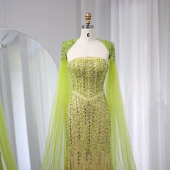 Luxury Beaded Mermaid Lime Green Evening Dress with Cape Sleeves