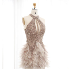 HELEN Luxury Feathers & Pearls Nude Short Cocktail Party Dress