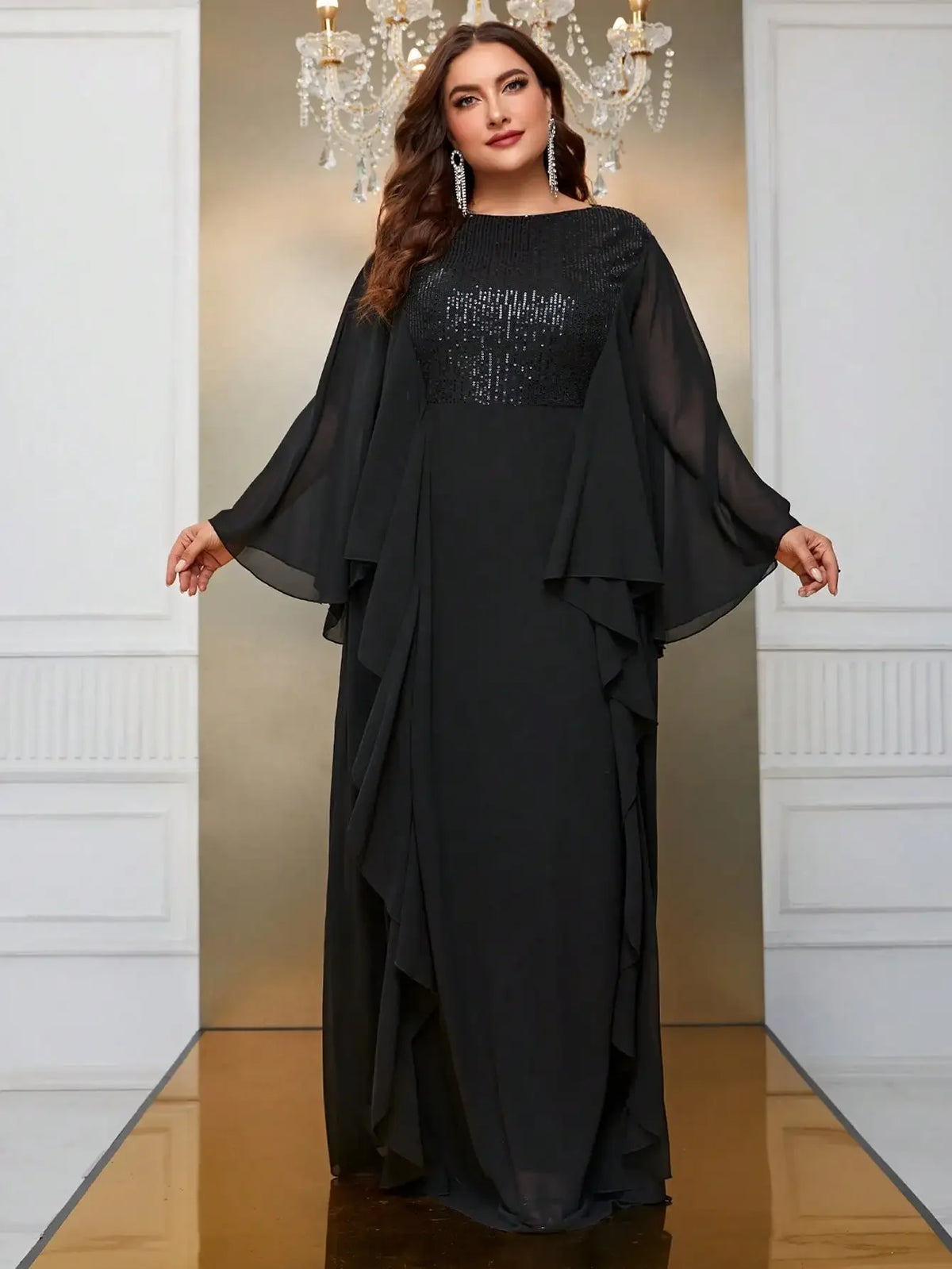 Plus Size Sequined Chiffon flowing Evening Long Dress