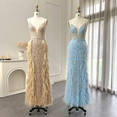 Luxury Feathers Mermaid Champagne Evening Dress