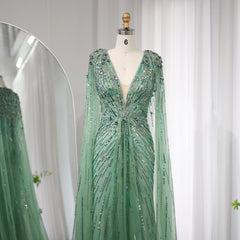 Luxury Crystal Sage Green Evening Dress with Cape