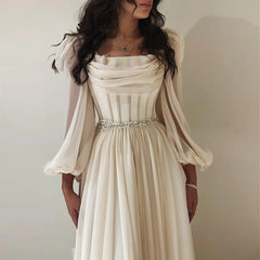 Long Sleeves Tea Length Beige Midi Evening Dress with Belt