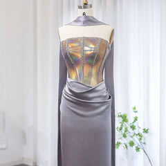 Luxury Elegant Strapless Gray Satin Evening Dress with Scarf