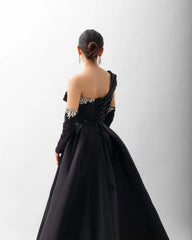 HELEN Luxury Black Satin Crystal One Shoulder Evening Dress