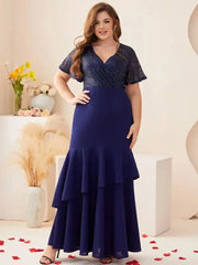 Plus Size V Neck Blue Short Sleeve Evening Dress