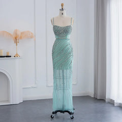 Luxury Crystal Orange Spaghetti Straps Mermaid Evening Dress