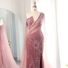 Elegant One Shoulder Pink Evening Dress with Cape Sleeves