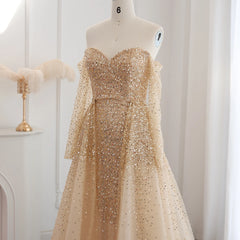 Luxury Champagne Gold Mermaid Evening Dress with Detachable Overskirt