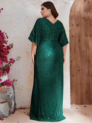 Plus Size V-Neck Loose Sequin Slit Evening Dress